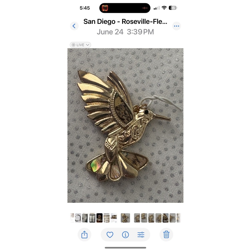 Gold Tone HummingBird Brooch Pin Faux Abalone Inlay Shell 2"‎ Tall